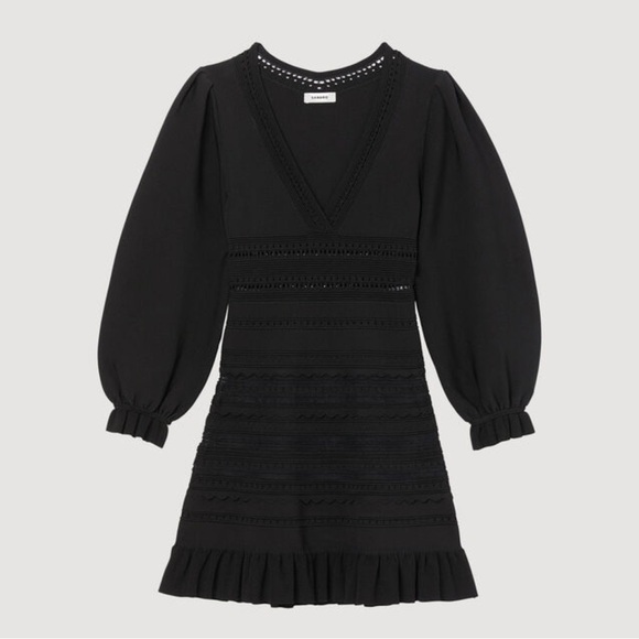 New Sandro Knit Short Dress Ruffles Black - Picture 2 of 10